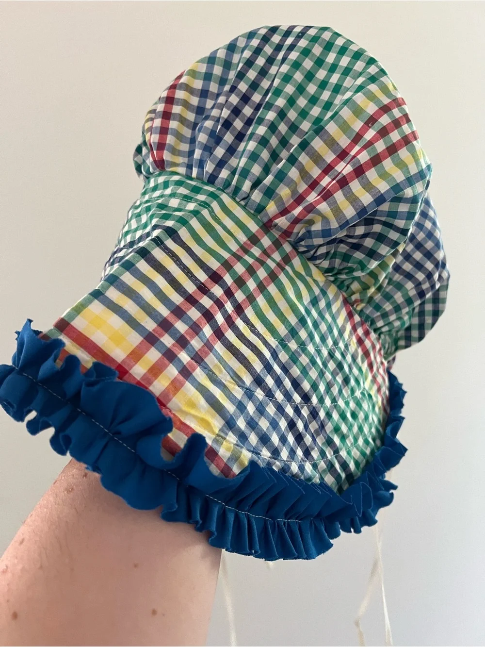 Vintage Appalachian Multicolor Gingham Bonnet with Blue Ruffle Trim
